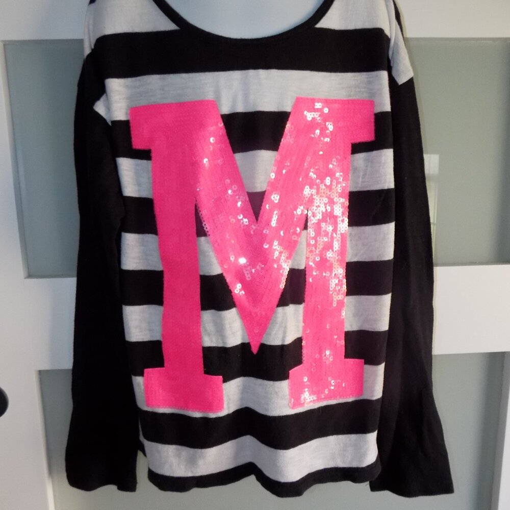 Justice Letter M Black/White LS Shirt Size 12/14 Girl's